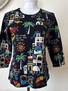Vintage Jess & Jane Top Black  3/4 Sleeve Blouse Tropical Sunny Town. M